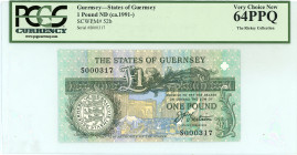 Guernsey
States of Guernsey 
Pound, ND (ca. 1991-)
S/N S000317
Pick 52b

Graded Very Choice New 64 PPQ PCGS Currency.
The Rickey Collection.