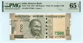 India
Reserve Bank
500 Rupees, 2017
S/N 0NP 377992 - Letter L
Watermark: M. Gandhi and 500
Pick 114h

Graded Gem Uncirculated 65 EPQ PMG.