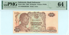 Indonesia
Bank Indonesia
10 Rupiah, 1968
S/N MDK005290
Printer: PNPK
Watermark: Arms
Pick 105a

Graded Choice Uncirculated 64 PMG.
