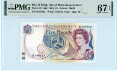 Isle of Man
Isle of Man Government 
5 Pounds, ND (1983)
S/N K395502 - Signature #6
Printer: TDLR
Watermark: Triskele Arms
Pick 41b

Graded Superb Gem ...
