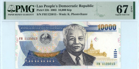 Laos
People’s Democratic Republic
10.000 Kip, 2003
S/N FH 1125015
Watermark: K. Phomvihane
Pick 35b

Graded Superb Gem Uncirculated 67 EPQ PMG.