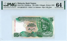 Malaysia 
Bank Negara
5 Ringgit, ND (1998)
S/N QK2267127 - Signature of A.M. Don
Printer: CBN
Watermark: T.A. Rahman
Pick 35A; KNB 40e-g

Graded Choic...