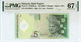 Malaysia 
Bank Negara
5 Ringgit, ND (2004)
S/N CB1436231 - Signature of Z.A. Aziz
Printer: NPA
Pick 47; KNB 62e-g

Graded Superb Gem Uncirculated 67 E...