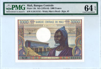 Mali
Banque Centrale
1.000 Francs, ND (1970-1984)
S/N S.19 51151 - Signature #5
Watermark: Man’s Head 
Pick 13b

Graded Choice Uncirculated 64 EPQ PMG...