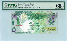 Qatar
Central Bank 
5 Riyals, ND (2008)
S/N H/72 959388
Watermark: Falcon’s Head 
Pick 29

Graded Gem Uncirculated 65 EPQ PMG.