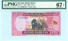 Rwanda
Banki Nkuru
5.000 Francs, 1 December 2014
S/N AB0007391
Watermark: Arms
Pick 41

Graded Superb Gem Uncirculated 67 EPQ PMG.