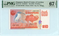 Singapore
Board of Comm. of Currency 
10 Dollars, ND (1976)
S/N B/85 887485
Seg. Sec. Thread 
Printer: TDLR
Pick 11b; TAN B-3b

Graded Superb Gem Unci...