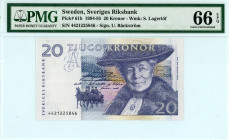 Sweden
Sveriges Riksbank
20 Kronor, ND (1994-1995)
S/N 4421225846 - Signature of U. Bäckström
Watermark: S. Lagerlöf
Pick 61b 

Graded Gem Uncirculate...
