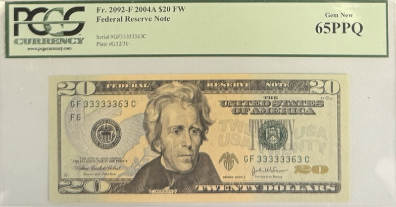 USA
Federal Reserve Note
20$ (Dollars), 2004 A FW
S/N GF 33333363 C
Plate G32/30...