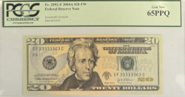 USA
Federal Reserve Note
20$ (Dollars), 2004 A FW
S/N GF 33333363 C
Plate G32/30
Fr. 2092-F

Graded Gem New 65 PPQ PCGS Currency.

From the ‘Yankee’ c...
