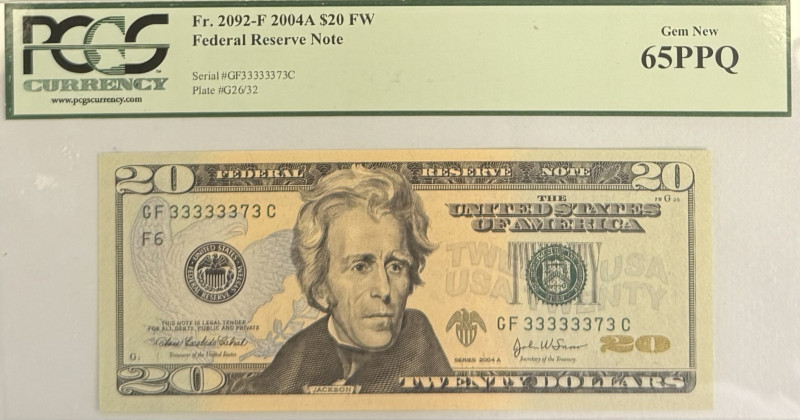 USA
Federal Reserve Note
20$ (Dollars), 2004 A FW
S/N GF 33333373 C
Plate G32/30...