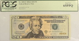 USA
Federal Reserve Note
20$ (Dollars), 2004 A FW
S/N GF 33333373 C
Plate G32/30
Fr. 2092-F

Graded Gem New 65 PPQ PCGS Currency.

From the ‘Yankee’ c...