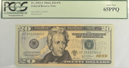 USA
Federal Reserve Note
20$ (Dollars), 2004 A FW
S/N GF 33333383 C
Plate G32/30
Fr. 2092-F

Graded Gem New 65 PPQ PCGS Currency.

From the ‘Yankee’ c...