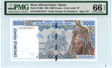 West African States - Benin
5.000 Francs, 1995
Code Letter “B”
S/N 9519278477 - Signature #27
Watermark: Woman with headdress 
Pick 213Bd

Graded Gem ...