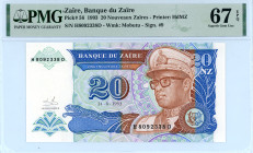 Zaïre
Banque du Zaïre
20 Nouveaux Zaïres, 24 June 1993
S/N H8092338 D - Signature #9
Printer: HdMZ
Watermark: Mobutu
Pick 56

Graded Superb Gem Uncirc...