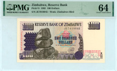 Zimbabwe
Reserve Bank
100 Dollars, 1995
S/N JE7019945
Watermark: Zimbabwe Bird
Pick 9

Graded Choice Uncirculated 64 PMG.