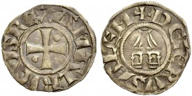 KINGDOM OF JERUSALEM. AMAURY, 1163-1174. Denier. Cross with pellet in second and third quarter, AMALRICVS REX Rv. Church of the Holy Sepulchre, +DE IE...