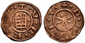 BEIRUT, Lordship. RAYMOND OF TRIPOLI, 1184-1186. Pougeoise. Tower of David between two annulets, T.V.R.R.I.S. Rv. Eight-pointed star, +.D.A.V.I.T. 0.7...