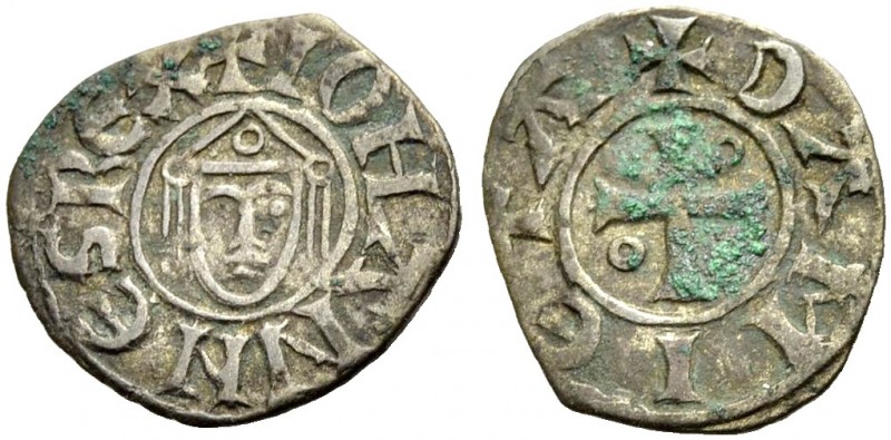 DAMIETTA. JEAN DE BRIENNE, 1219-1221. Denier. Facing head with triangular crown,...