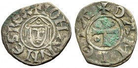 DAMIETTA. JEAN DE BRIENNE, 1219-1221. Denier. Facing head with triangular crown, +IOHANNES REX Rv. Cross with annulet in second and third quarter, +DA...