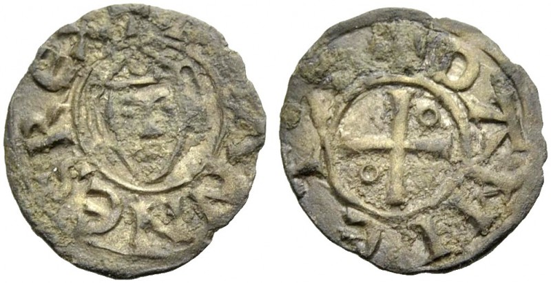 DAMIETTA. JEAN DE BRIENNE, 1219-1221. Denier. Facing head with triangular crown,...