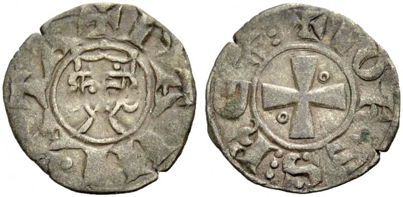 DAMIETTA. JEAN DE BRIENNE, 1219-1221. Denier. Small crowned head, with locks of ...