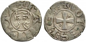 DAMIETTA. JEAN DE BRIENNE, 1219-1221. Denier. Small crowned head, with locks of hair curling inward, +DAMI.ATA Rv. Cross with annulet in second and th...