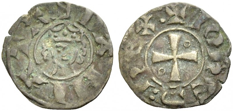 DAMIETTA. JEAN DE BRIENNE, 1219-1221. Denier. Small crowned head, with locks of ...
