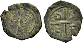 THE PRINCIPALITY OF ANTIOCH. TANCRED, 1104-1112. Copper coin type 3. Standing figure of St. Peter, his right hand raised, holding cross in his left ar...