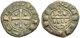 THE PRINCIPALITY OF ANTIOCH. RAYMOND DE POITIERS, 1136-1146. Anonymous copper coin. Cross with one pellet in each quarter, +PRINCEPS Rv. Altar with fo...