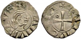 THE PRINCIPALITY OF ANTIOCH. BOHEMOND III, Minority 1149-1163. Denier. Bare head r., +BOAMVNDVS with double-barred A and dotted S. Rv. Cross with an a...