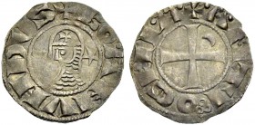 THE PRINCIPALITY OF ANTIOCH. BOHEMOND III, Minority 1149-1163. Denier. Helmeted bust left between crescent and star, +BOAMVNDVS Rv. Cross with crescen...