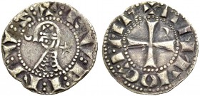 THE PRINCIPALITY OF ANTIOCH. RAYMOND ROUPEN, 1216-1219. Denier. Helmeted bust l. between crescent and five-pointed star, +:R.V:P:I:N:V:S: Rv. Cross wi...