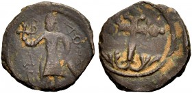 THE COUNTY OF EDESSA. BALDWIN II., Second Reign, 1108-1118. Follis. The count standing with small cross and sword, BAΓΔOIN around. Rv. Ornamented cros...