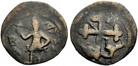 THE COUNTY OF EDESSA. BALDWIN II., Second Reign, 1108-1118. Follis. The count in conical helmet and chain armour, standing left, with sheathed sword a...