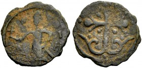 THE COUNTY OF EDESSA. BALDWIN II., Second Reign, 1108-1118. Follis. The count in conical helmet and chain armour, standing left, with sheathed sword a...