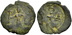 THE COUNTY OF EDESSA. BALDWIN II., Second Reign, 1108-1118. Follis. The count in conical helmet and chain armour, standing left holding a long cross a...