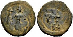 THE COUNTY OF EDESSA. BALDWIN II., Second Reign, 1108-1118. Follis. The count standing with long cross and shield. Rv. BAΔN around small cross. 3.78 g...