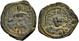 THE COUNTY OF EDESSA. BALDWIN II., Second Reign, 1108-1118. Follis. The count standing, holding a sword and a cross, his head between B-H Rv. Bust of ...