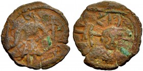 THE COUNTY OF EDESSA. BALDWIN II., Second Reign, 1108-1118. Follis. The count standing, holding a sword and a cross. Rv. Bust of Christ. 2.39 g. Metc....