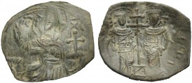 The Latin Rulers of Thessalonika, 1204-1224. Aspron trachy. Christ enthroned. Rv. St. Helena and St. Constantine standing, holding a patriarchal cross...