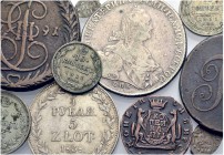 RUSSIA. LOT. Catherine II, Rouble 1773, Cu 5 Kopeks 1791; Nicolaus I, 5 Zloty 1838 Warsaw, etc. (10 coins) plus 3 banknotes.
Fine
