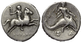 Kalabrien. Tarent.

 Didrachme oder Nomos (Silber). Ca. 272 - 240 v. Chr.
Vs: Nackter Jüngling zu Pferde mit erhobenem Arm und Fackel nach rechts g...