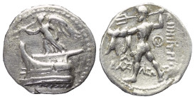 Königreich Makedonien. Demetrios I. Poliorketes (306 - 283 v. Chr.).

 Drachme (Silber). Ca. 298 - 295 v. Chr. Tarsos.
Vs: Nike mit Posaune auf Sch...