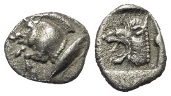 Mysien. Kyzikos.

 Diobol (Silber). Ca. 525 - 475 v. Chr.
Vs: Vorderteil eines Ebers links, dahinter Thunfisch nach oben.
Rs: Löwenkopf links in Q...