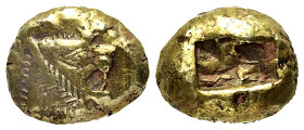 Königreich Lydien. Alyattes - Kroisos (605 - 540 v. Chr.).

 1/3 Stater (Elektron). Sardeis.
Vs: Kopf eines Löwen mit Strahlenwarze auf der Stirn r...