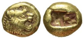 Königreich Lydien. Alyattes - Kroisos (605 - 540 v. Chr.).

 1/3 Stater (Elektron). Sardeis.
Vs: Kopf eines Löwen mit Strahlenwarze auf der Stirn r...