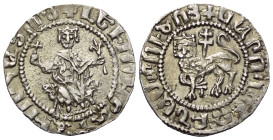 Levon I. - König (1198 - 1219).

 Tram (Silber).
Vs: Levon mit Globus cruciger und Lilie auf Löwenthron mit Fußschemel frontal sitzend.
Rs: Bekrön...