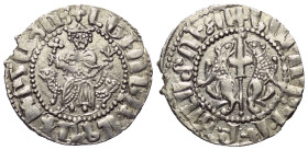 Levon I. - König (1198 - 1219).

 Tram (Silber). Ohne Jahr.
Vs: Levon mit Kreuz und Lilie frontal thronend.
Rs: Zwei steigende Löwen Rücken an Rüc...