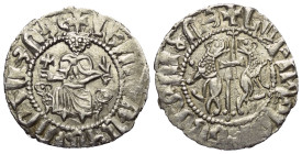 Levon I. - König (1198 - 1219).

 Tram (Silber). Ohne Jahr.
Vs: Levon mit Kreuz und Lilie frontal thronend.
Rs: Zwei steigende Löwen Rücken an Rüc...